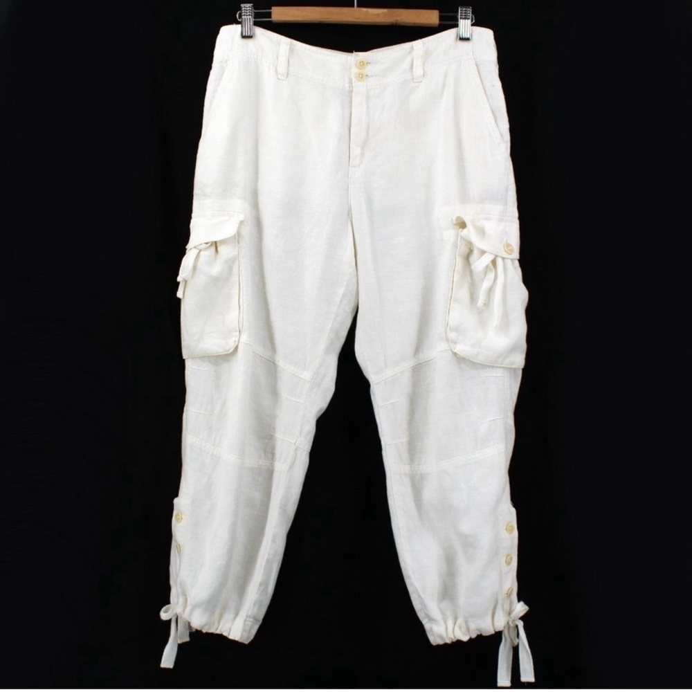 Ralph Lauren 100% Linen Camp Cargo Pants High Rise Multi-Pockets Button Cuffs